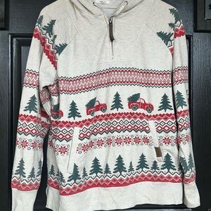 Maurices Cream Hoodie with Red and Green Festive Design